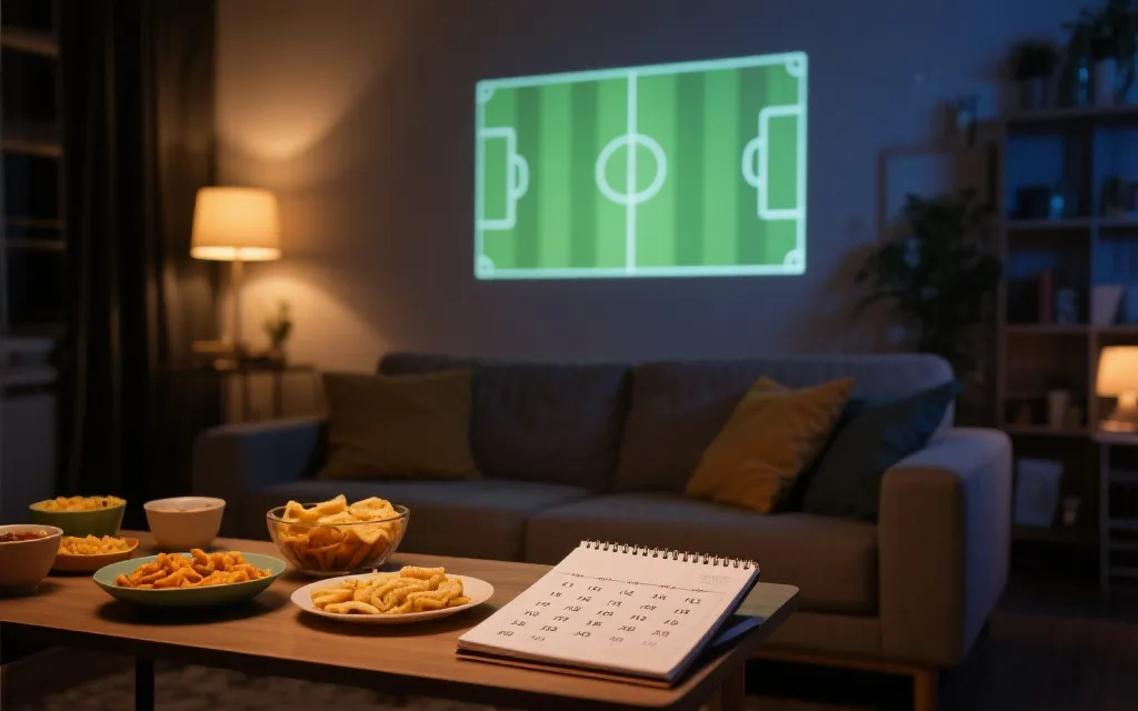 客厅投影观赛的温暖场景，桌上有零食与赛程笔记